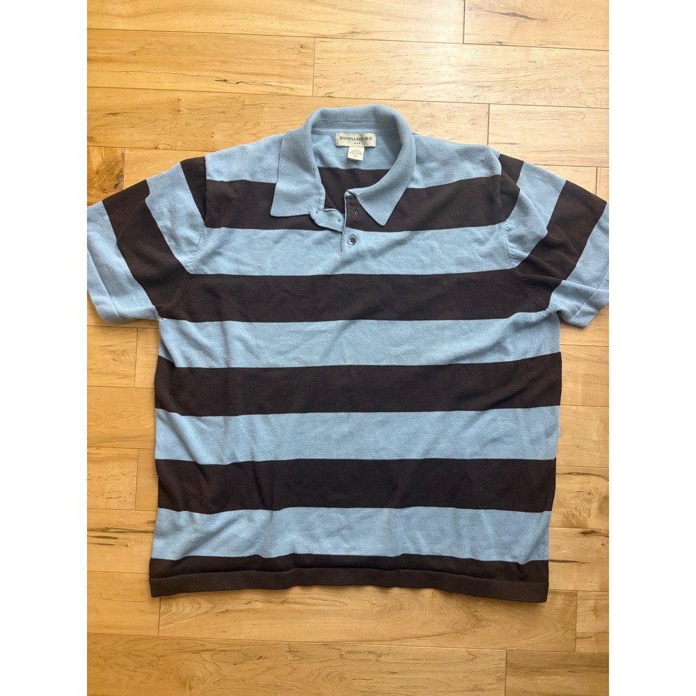 Banana Republic Mens XXL Knit Polo Shirt Blue Brown Striped Short Sleeve Cotton